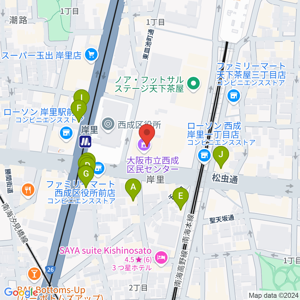 大阪市立西成区民センター周辺のファミレス・ファーストフード一覧地図