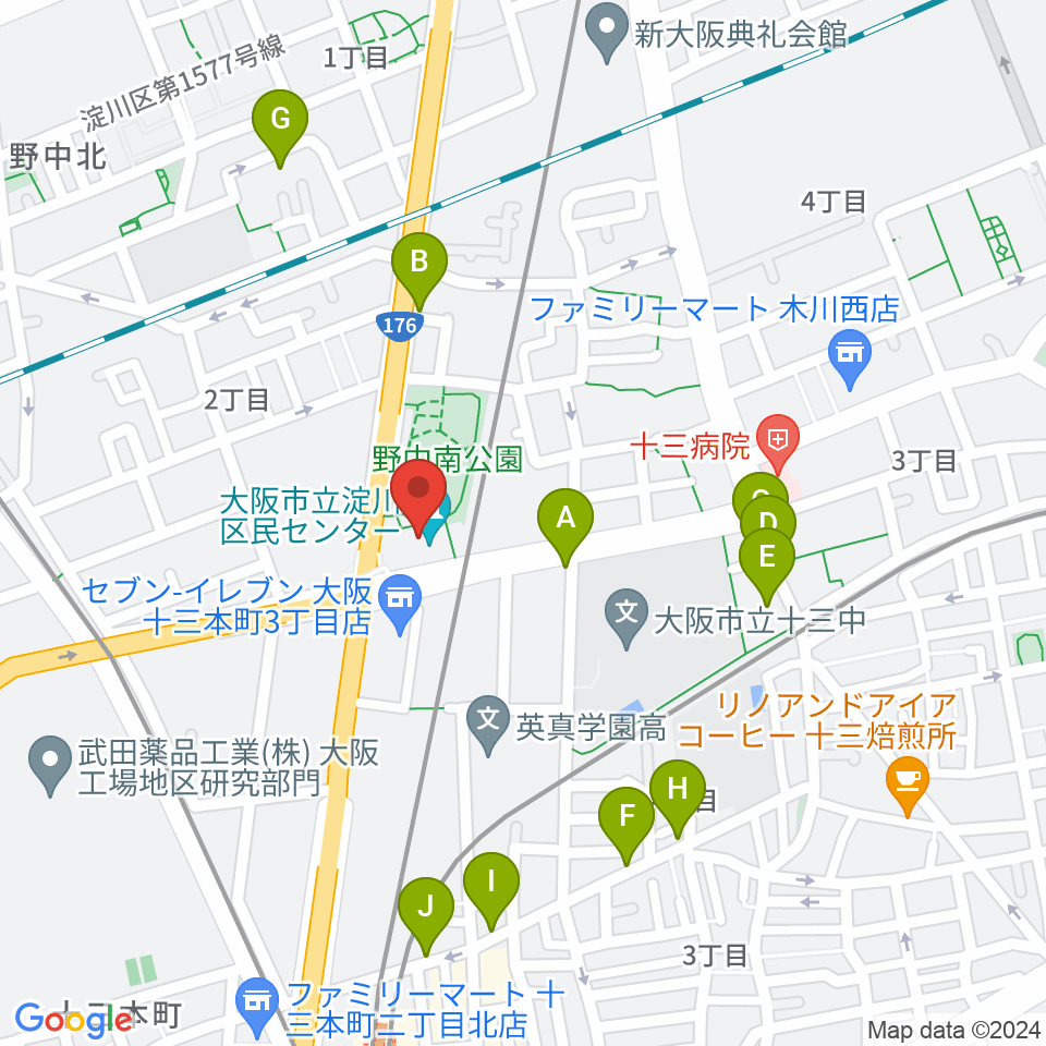 大阪市立淀川区民センター周辺のファミレス・ファーストフード一覧地図