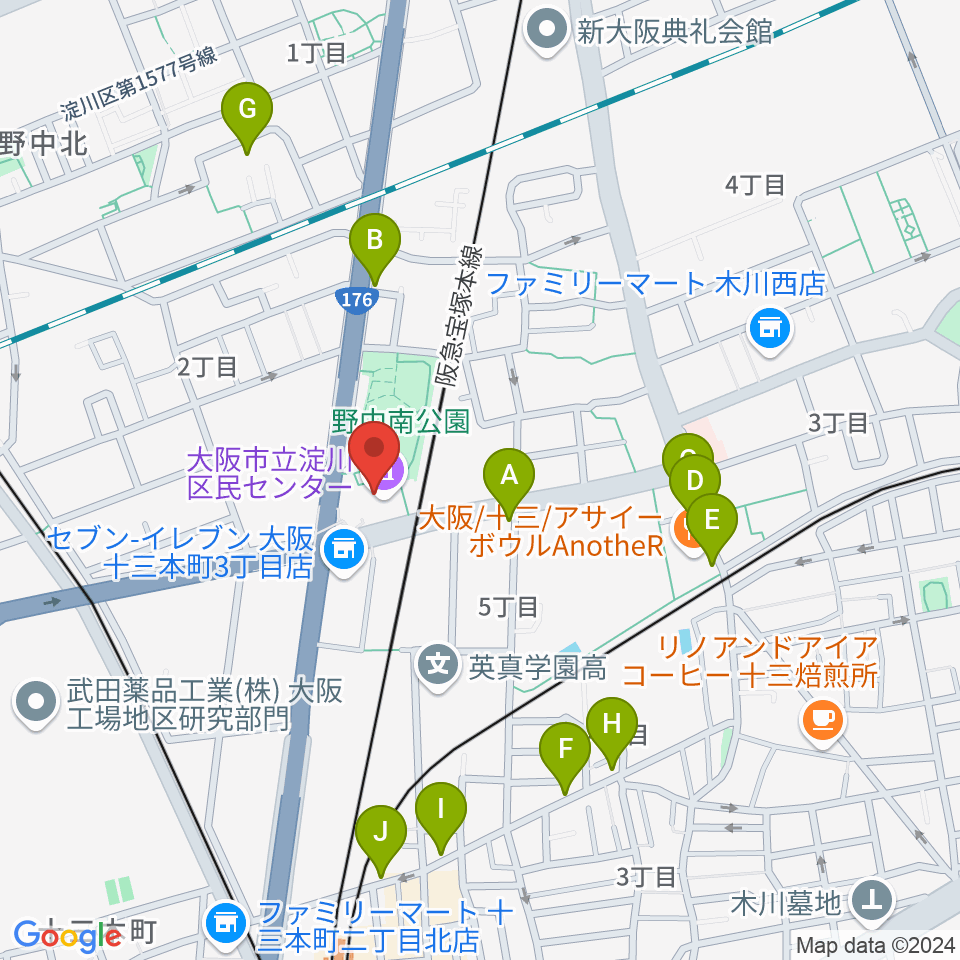 大阪市立淀川区民センター周辺のファミレス・ファーストフード一覧地図