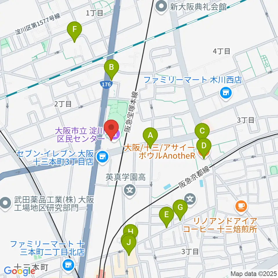 大阪市立淀川区民センター周辺のファミレス・ファーストフード一覧地図