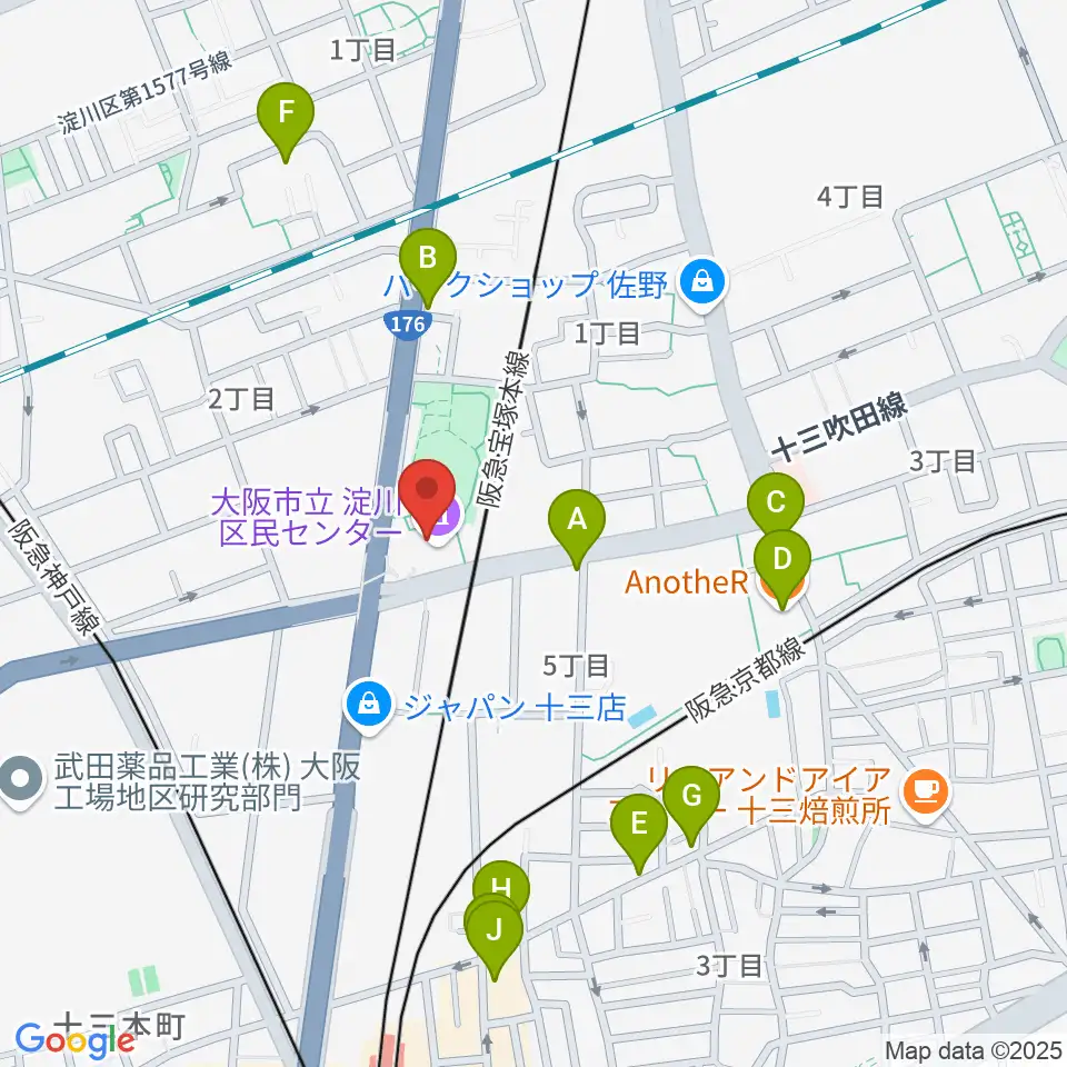 大阪市立淀川区民センター周辺のファミレス・ファーストフード一覧地図