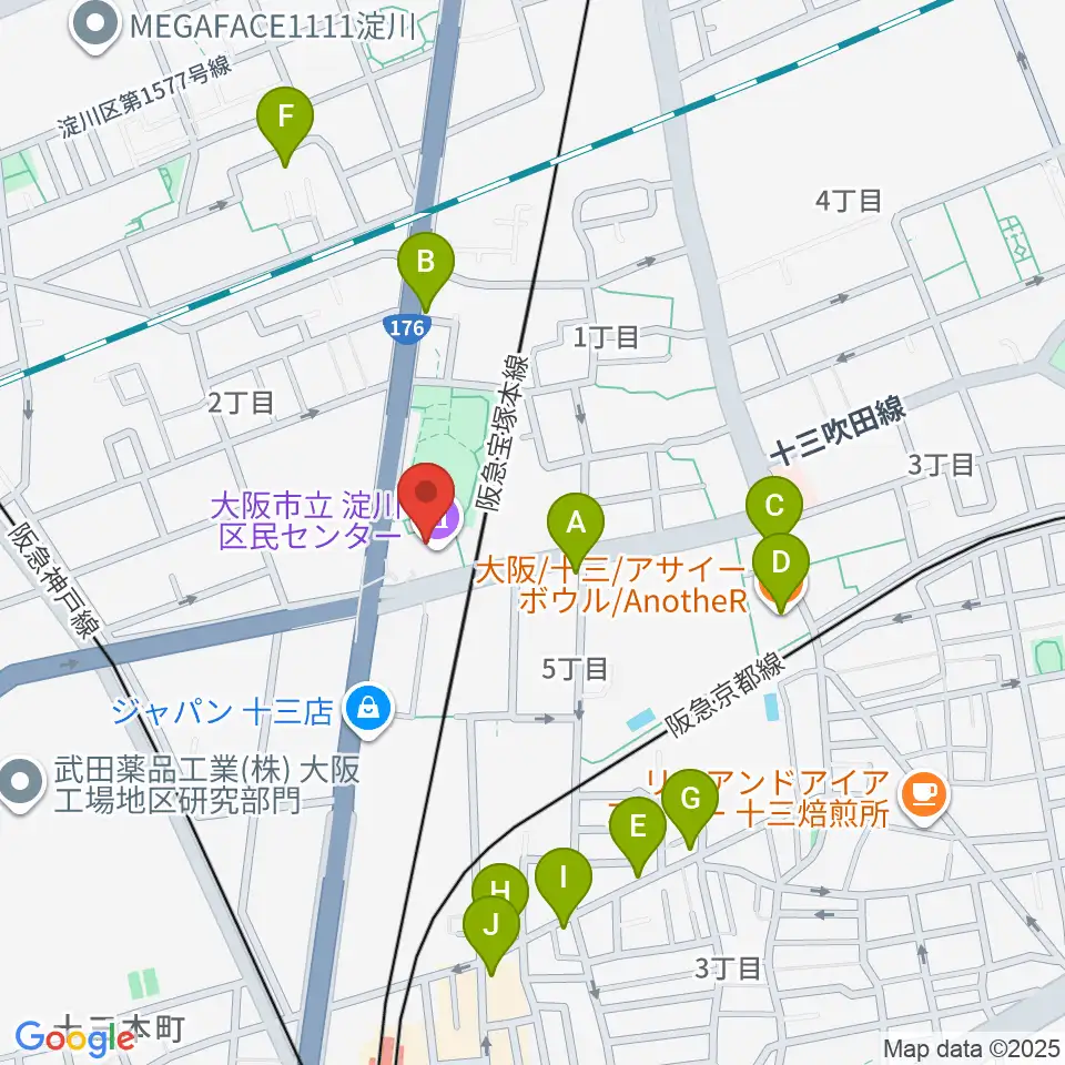 大阪市立淀川区民センター周辺のファミレス・ファーストフード一覧地図