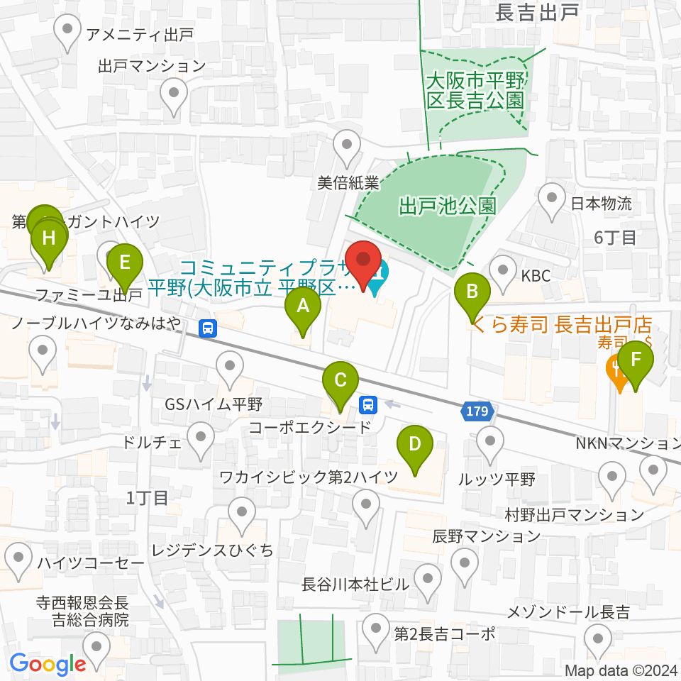 コミュニティプラザ平野（平野区民センター）周辺のファミレス・ファーストフード一覧地図