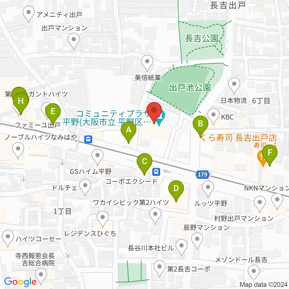 コミュニティプラザ平野（平野区民センター）周辺のファミレス・ファーストフード一覧地図