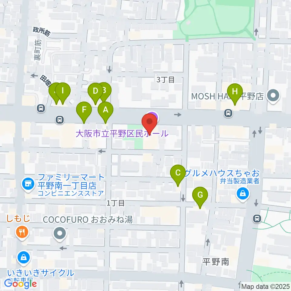 平野区民ホール周辺のファミレス・ファーストフード一覧地図