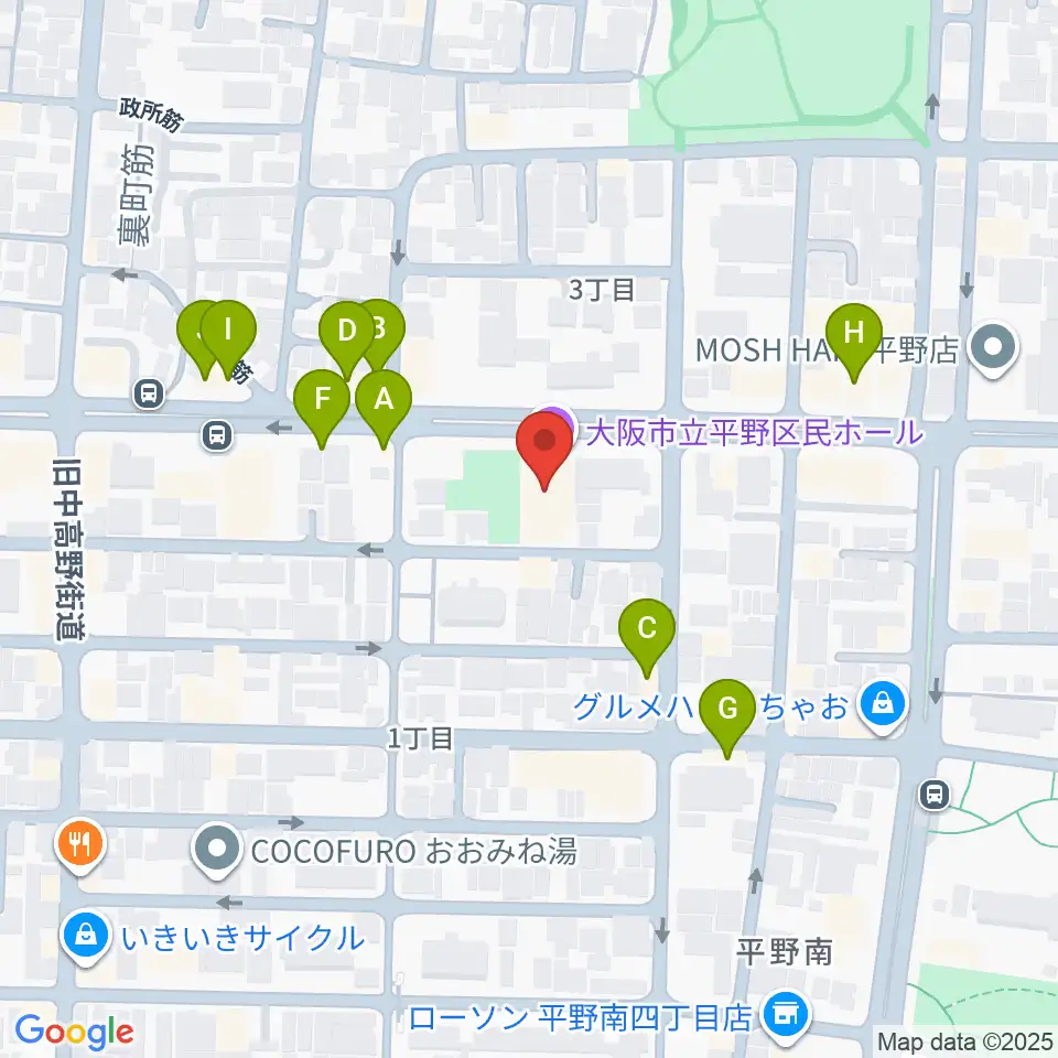 大阪市立平野区民ホール周辺のファミレス・ファーストフード一覧地図