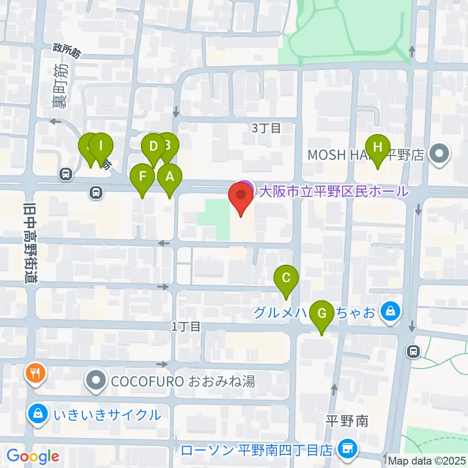 大阪市立平野区民ホール周辺のファミレス・ファーストフード一覧地図