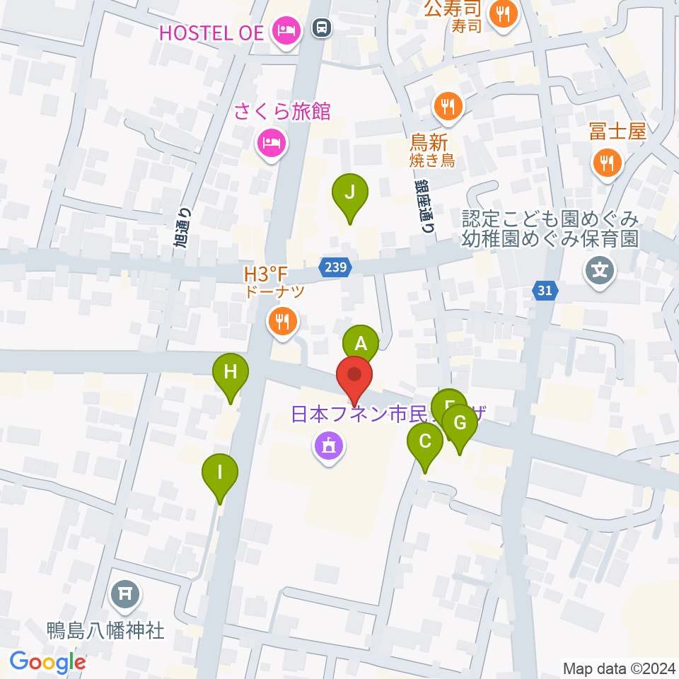 日本フネン市民プラザ周辺のファミレス・ファーストフード一覧地図