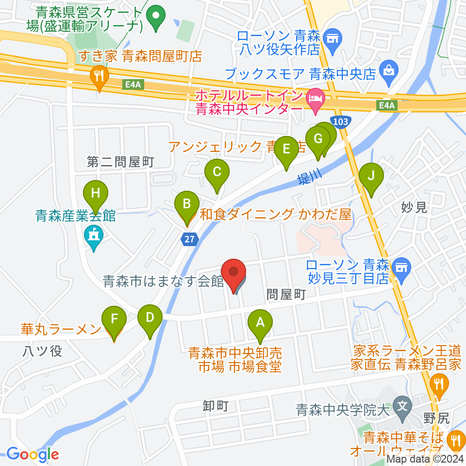 青森市はまなす会館周辺のファミレス・ファーストフード一覧地図