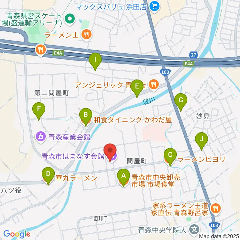 青森市はまなす会館周辺のファミレス・ファーストフード一覧地図
