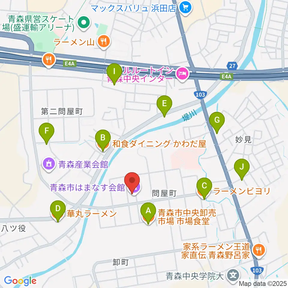 青森市はまなす会館周辺のファミレス・ファーストフード一覧地図