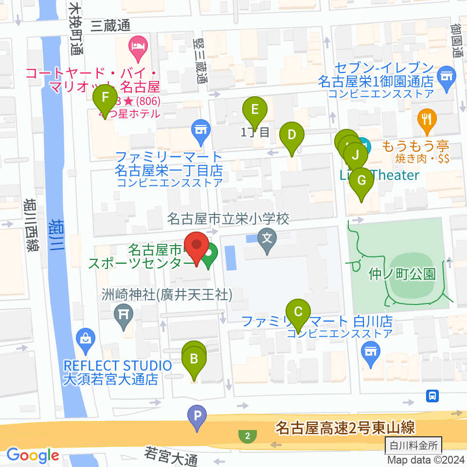 名古屋市中スポーツセンター周辺のファミレス・ファーストフード一覧地図