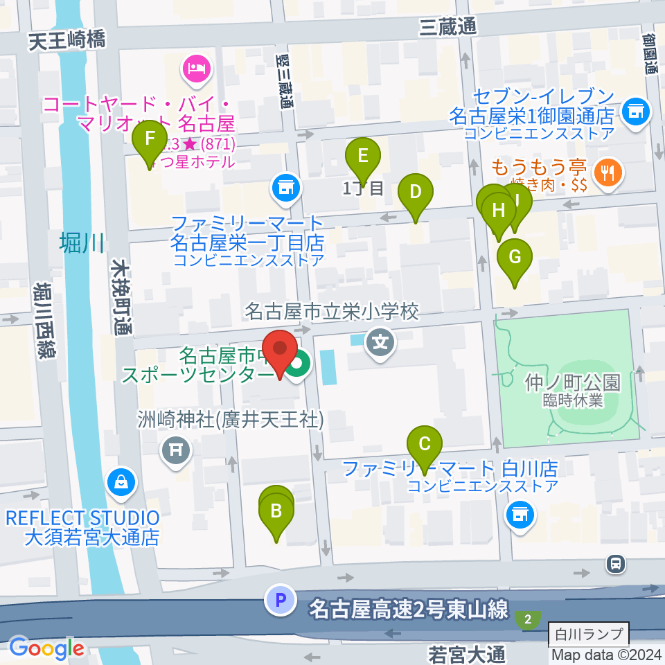 名古屋市中スポーツセンター周辺のファミレス・ファーストフード一覧地図