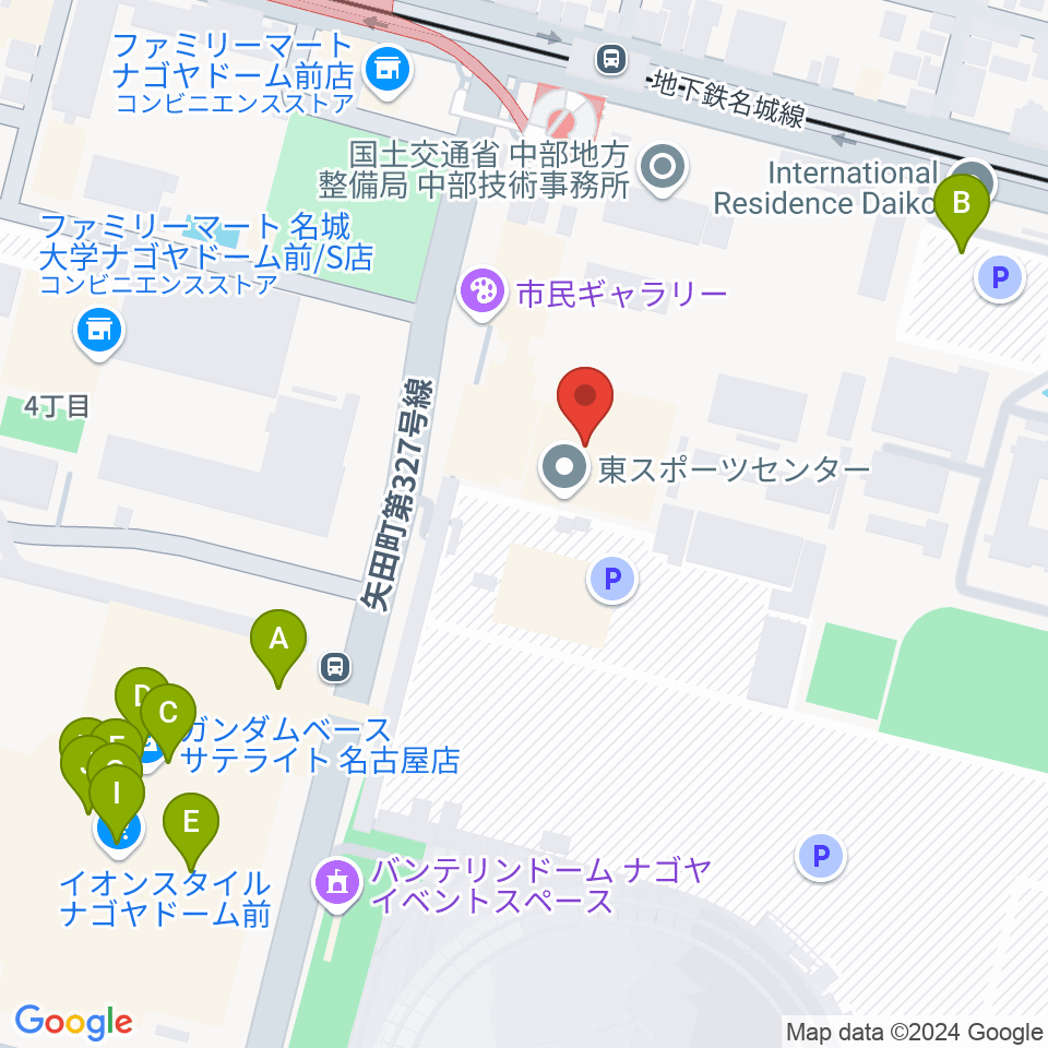 名古屋市東スポーツセンター周辺のファミレス・ファーストフード一覧地図