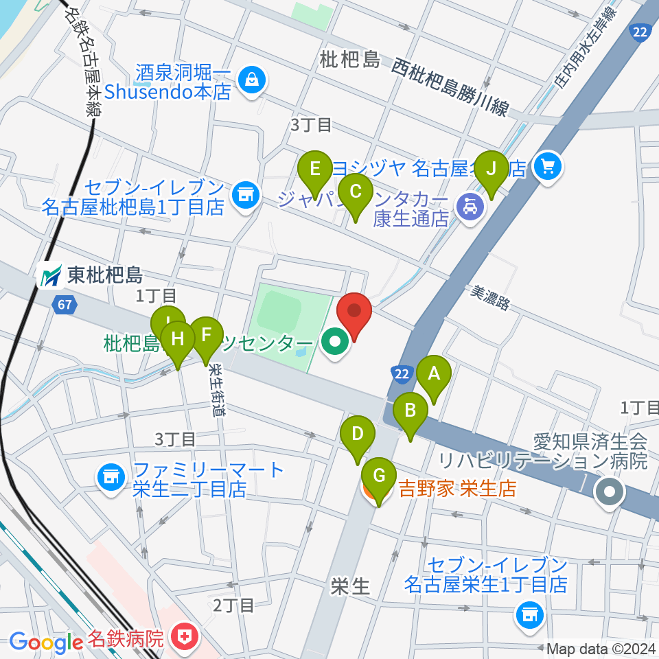 枇杷島スポーツセンター周辺のファミレス・ファーストフード一覧地図