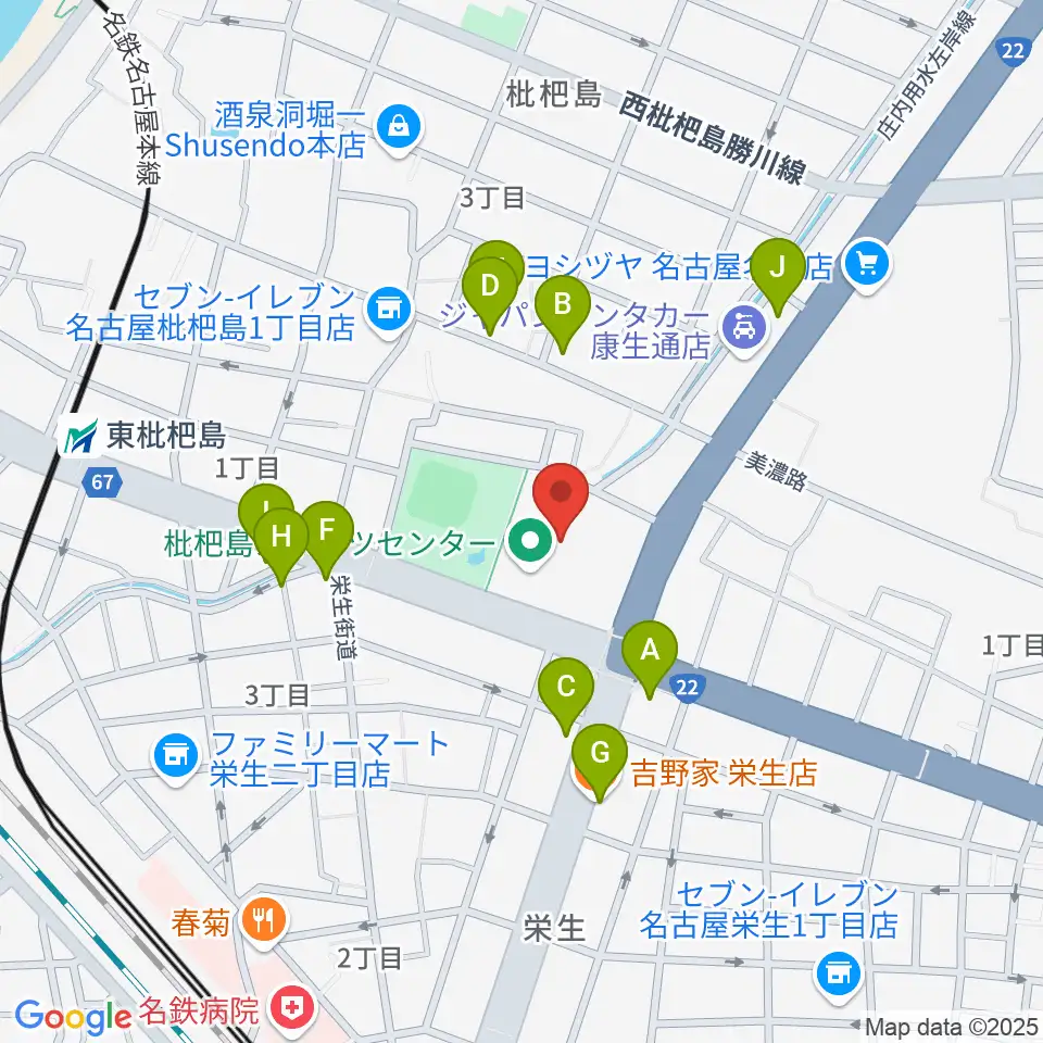 枇杷島スポーツセンター周辺のファミレス・ファーストフード一覧地図