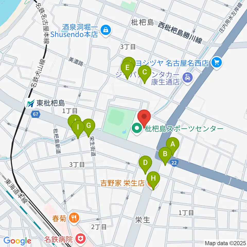 枇杷島スポーツセンター周辺のファミレス・ファーストフード一覧地図