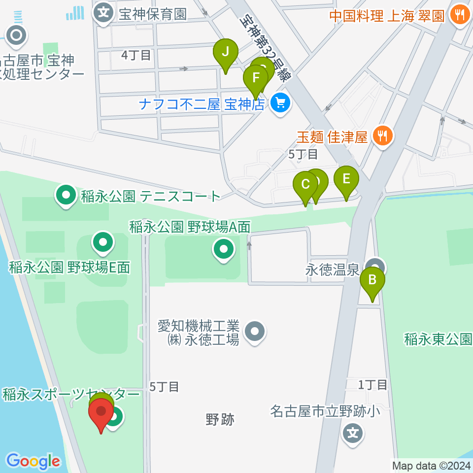 稲永スポーツセンター周辺のファミレス・ファーストフード一覧地図