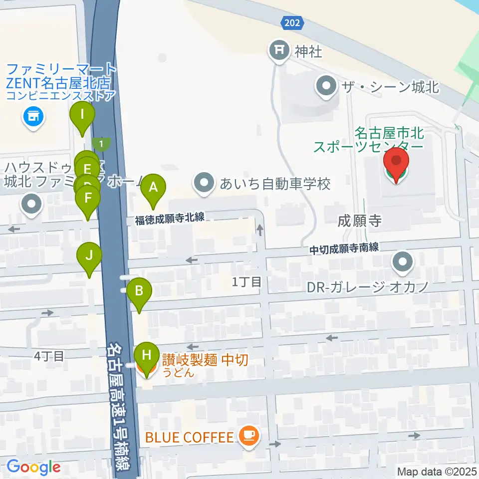 名古屋市北スポーツセンター周辺のファミレス・ファーストフード一覧地図