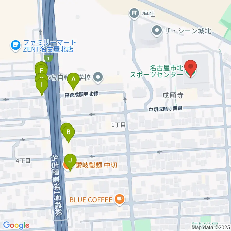 名古屋市北スポーツセンター周辺のファミレス・ファーストフード一覧地図