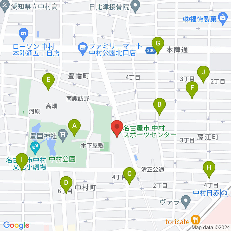 名古屋市中村スポーツセンター周辺のファミレス・ファーストフード一覧地図