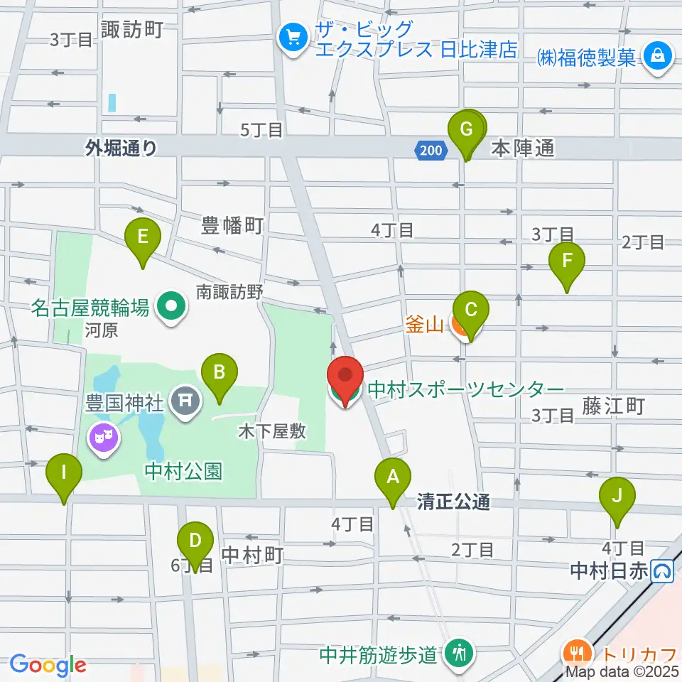 名古屋市中村スポーツセンター周辺のファミレス・ファーストフード一覧地図