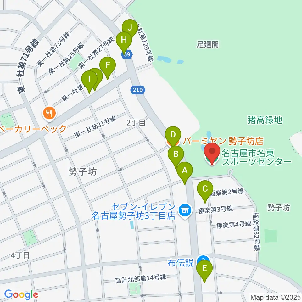 名古屋市名東スポーツセンター周辺のファミレス・ファーストフード一覧地図