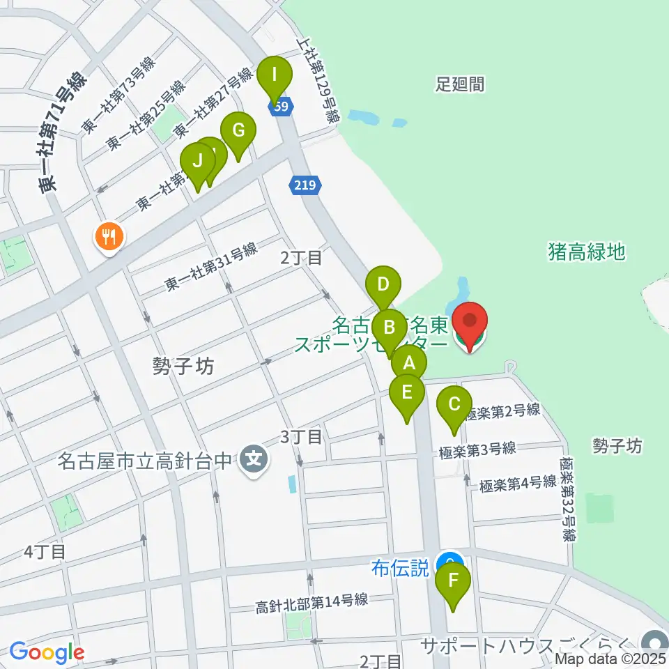 名古屋市名東スポーツセンター周辺のファミレス・ファーストフード一覧地図