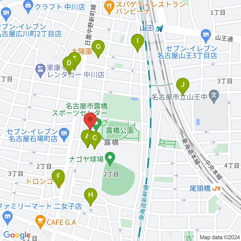 名古屋市露橋スポーツセンター周辺のファミレス・ファーストフード一覧地図