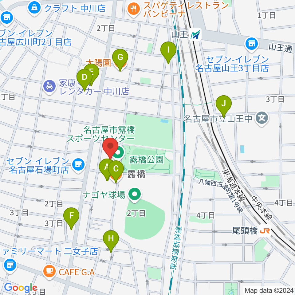 名古屋市露橋スポーツセンター周辺のファミレス・ファーストフード一覧地図