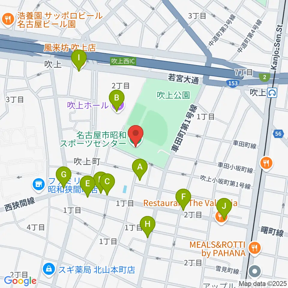 名古屋市昭和スポーツセンター周辺のファミレス・ファーストフード一覧地図