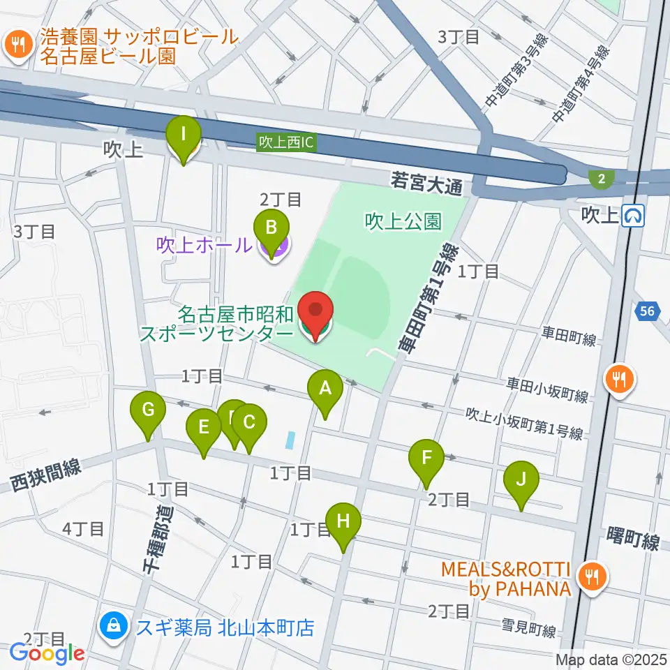 名古屋市昭和スポーツセンター周辺のファミレス・ファーストフード一覧地図