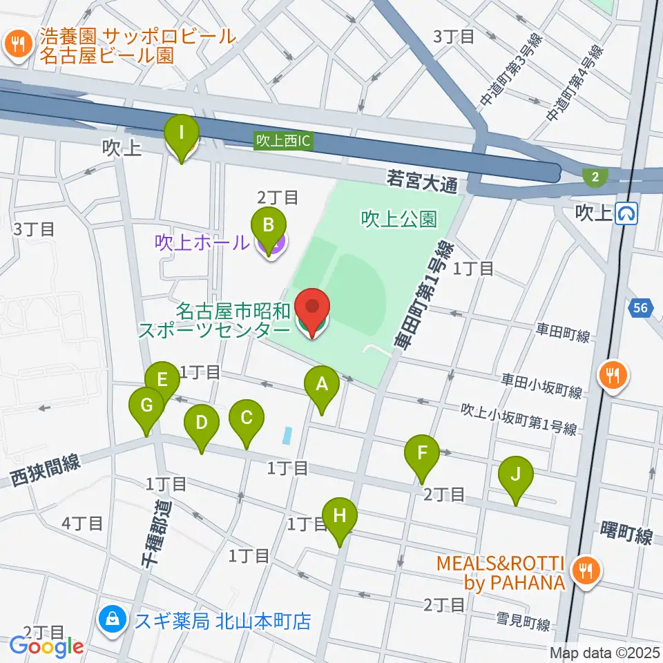 名古屋市昭和スポーツセンター周辺のファミレス・ファーストフード一覧地図