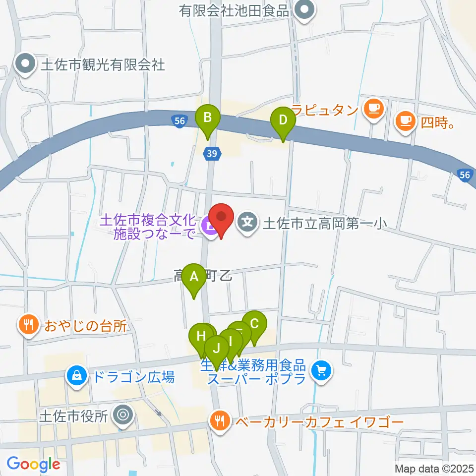 土佐市複合文化施設つなーで周辺のファミレス・ファーストフード一覧地図