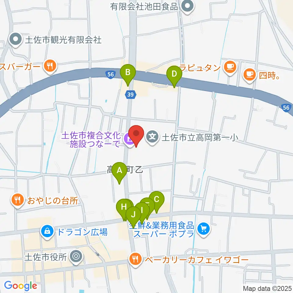 土佐市複合文化施設つなーで周辺のファミレス・ファーストフード一覧地図