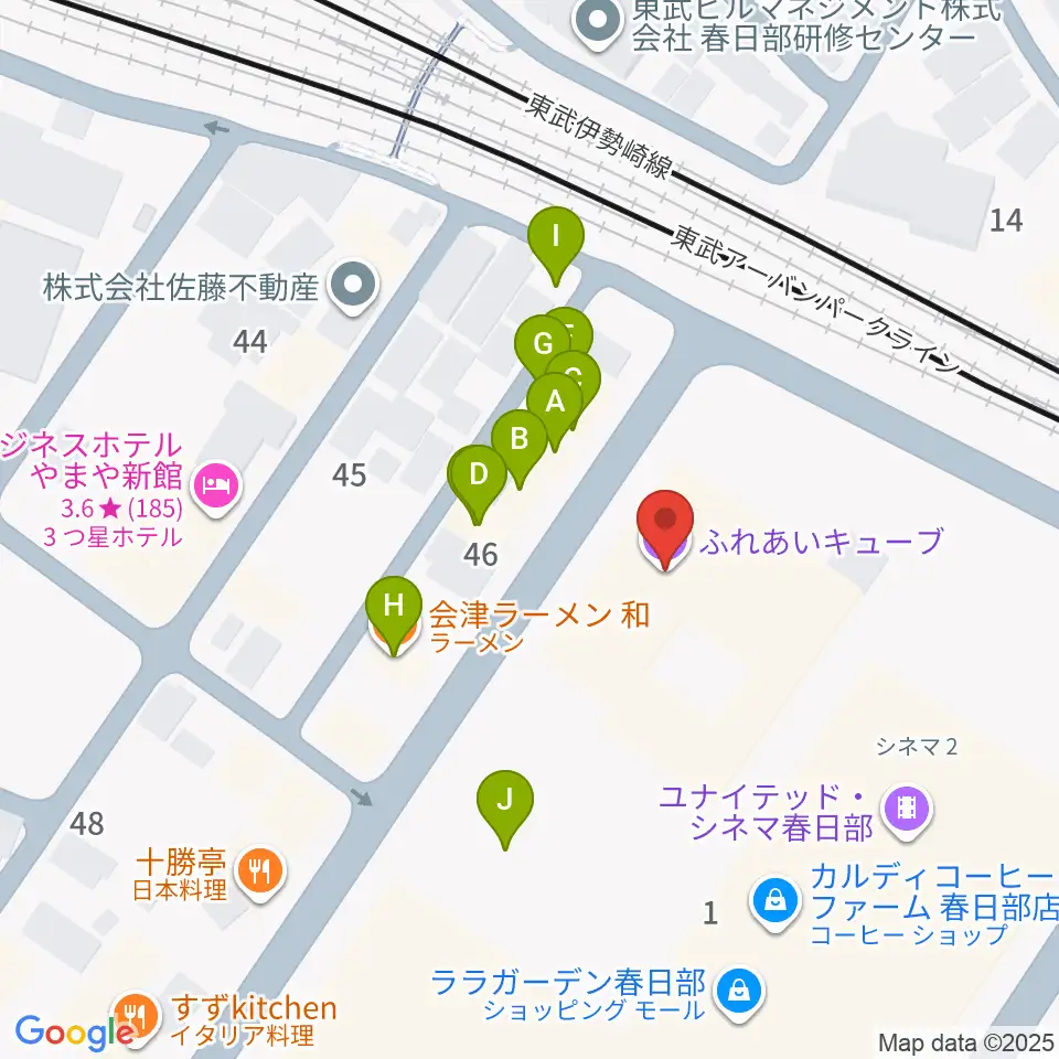 春日部ふれあいキューブ周辺のファミレス・ファーストフード一覧地図