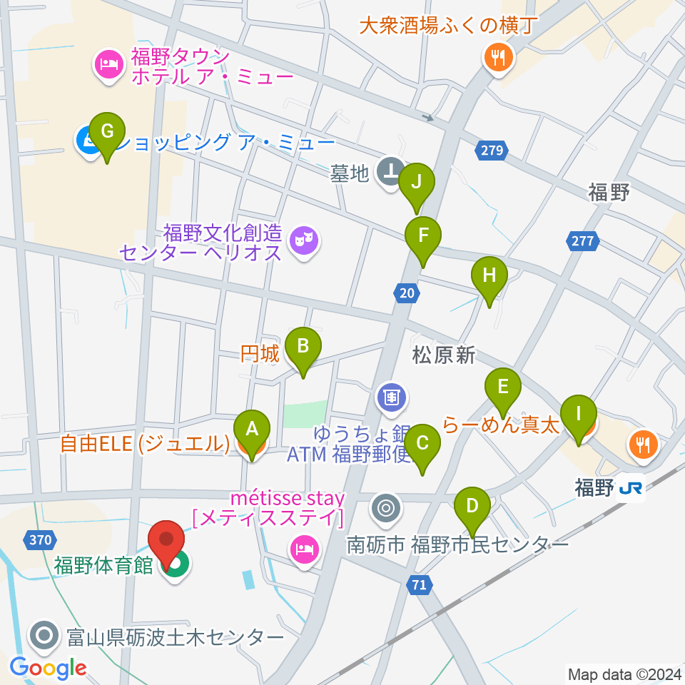 南砺市福野体育館周辺のファミレス・ファーストフード一覧地図