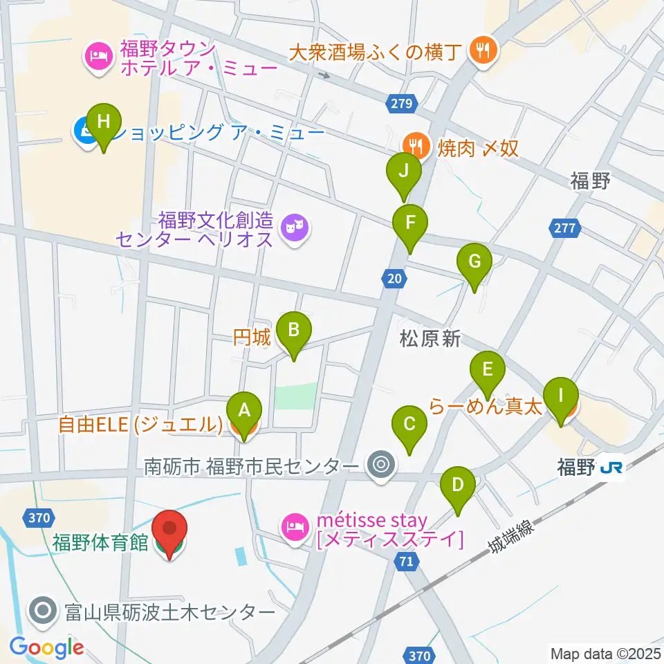 南砺市福野体育館周辺のファミレス・ファーストフード一覧地図