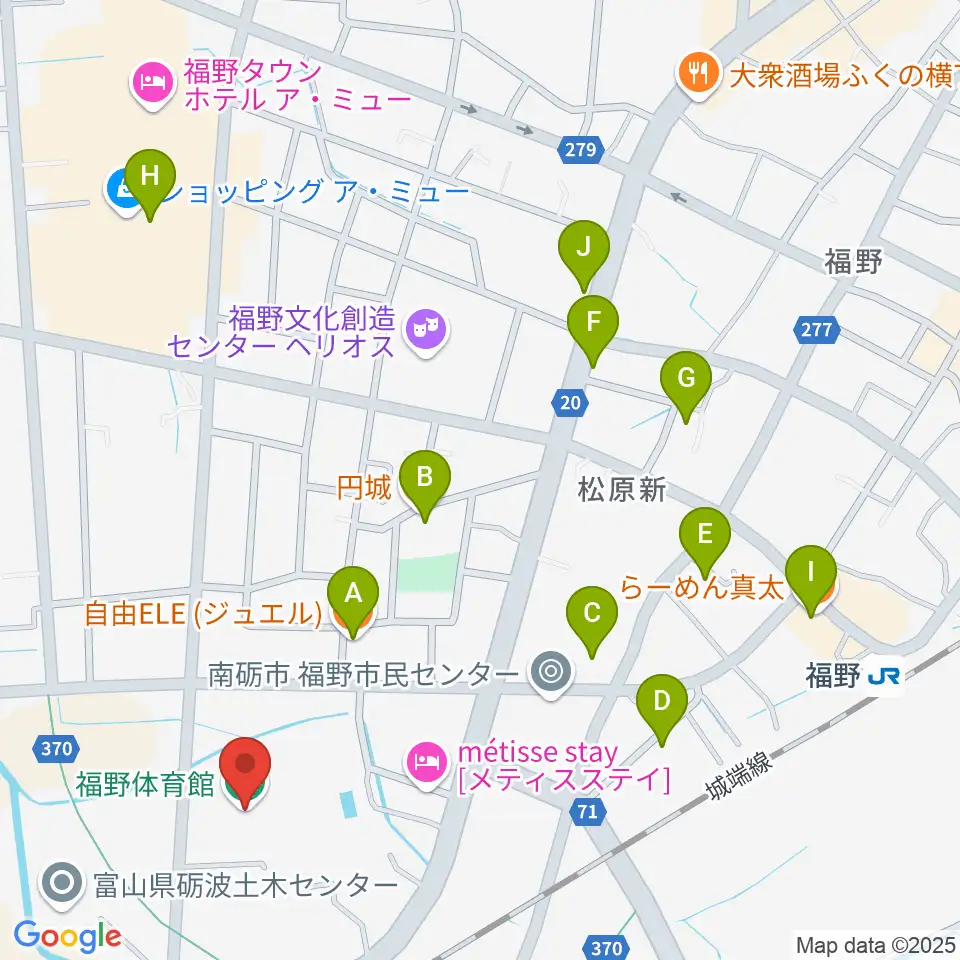 南砺市福野体育館周辺のファミレス・ファーストフード一覧地図