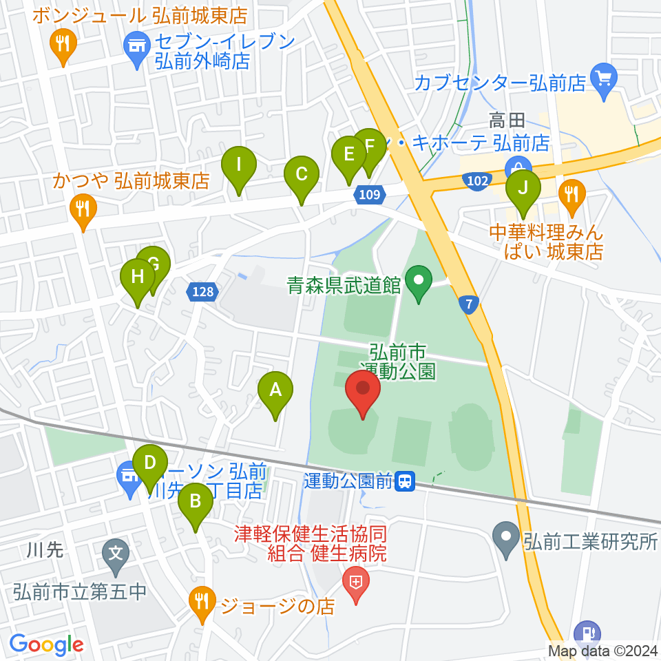 弘前市運動公園野球場 はるか夢球場周辺のファミレス・ファーストフード一覧地図