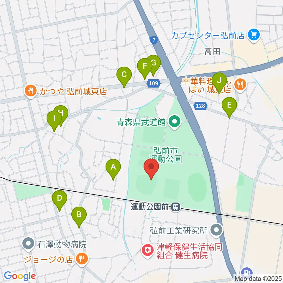 弘前市運動公園野球場周辺のファミレス・ファーストフード一覧地図