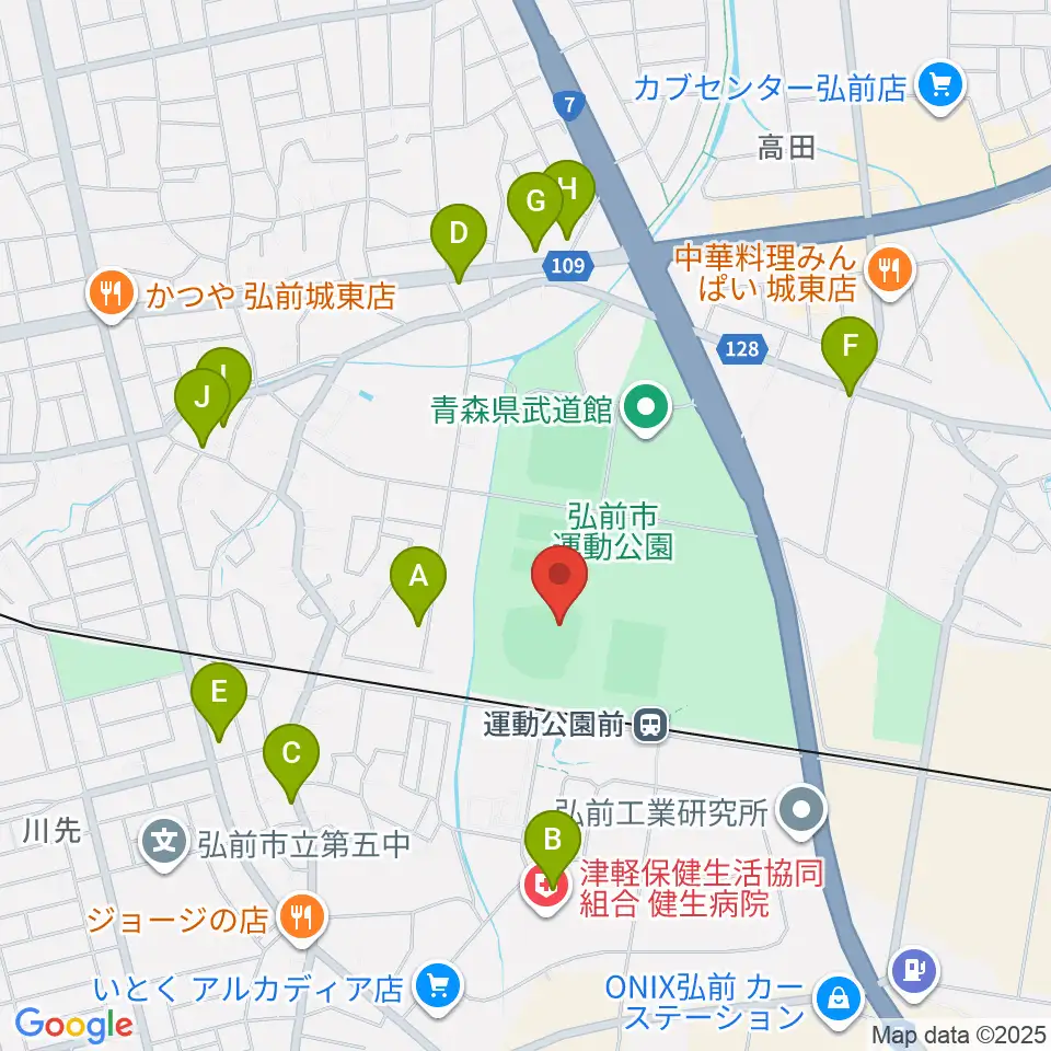 弘前市運動公園野球場周辺のファミレス・ファーストフード一覧地図