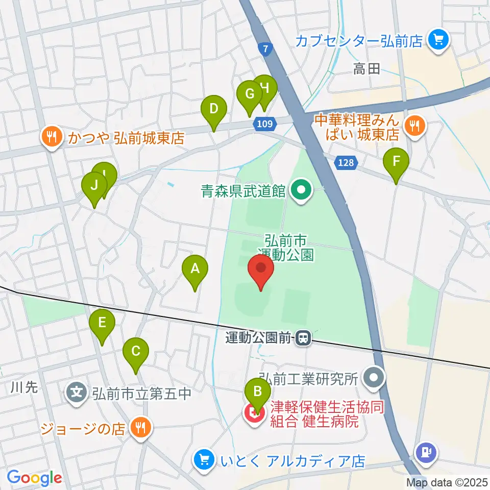 弘前市運動公園野球場周辺のファミレス・ファーストフード一覧地図