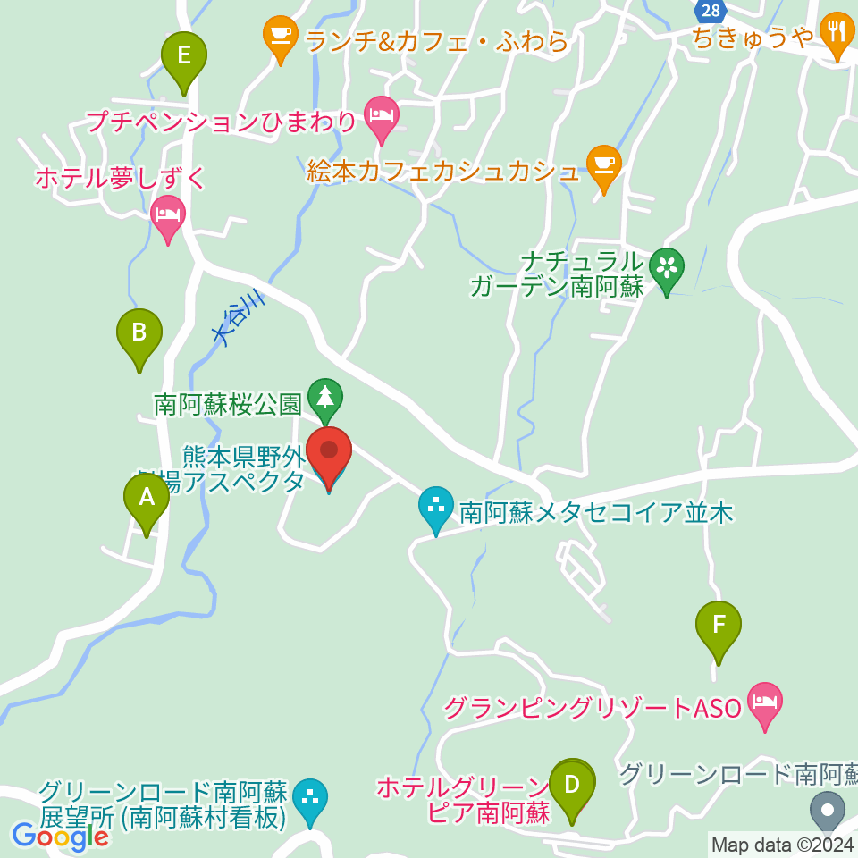 熊本県野外劇場アスペクタ周辺のファミレス・ファーストフード一覧地図