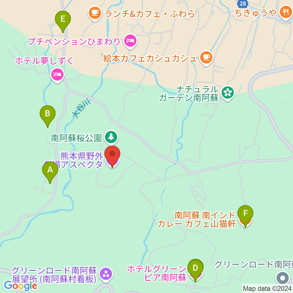 熊本県野外劇場アスペクタ周辺のファミレス・ファーストフード一覧地図