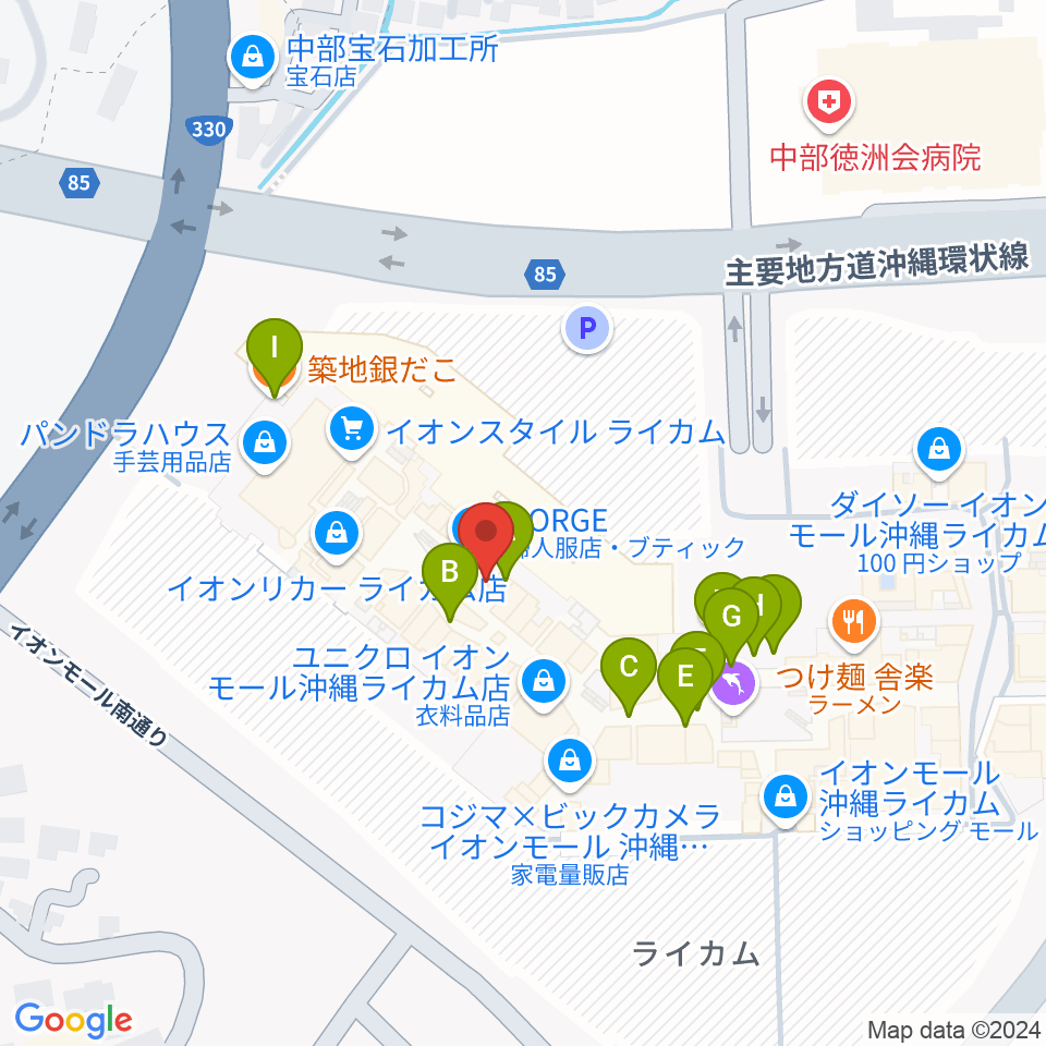 島村楽器 イオンモール沖縄ライカム店周辺のファミレス・ファーストフード一覧地図