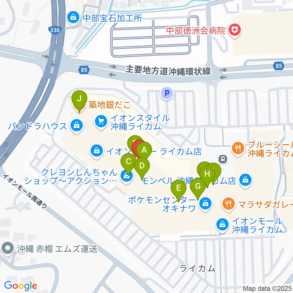 島村楽器 イオンモール沖縄ライカム店周辺のファミレス・ファーストフード一覧地図