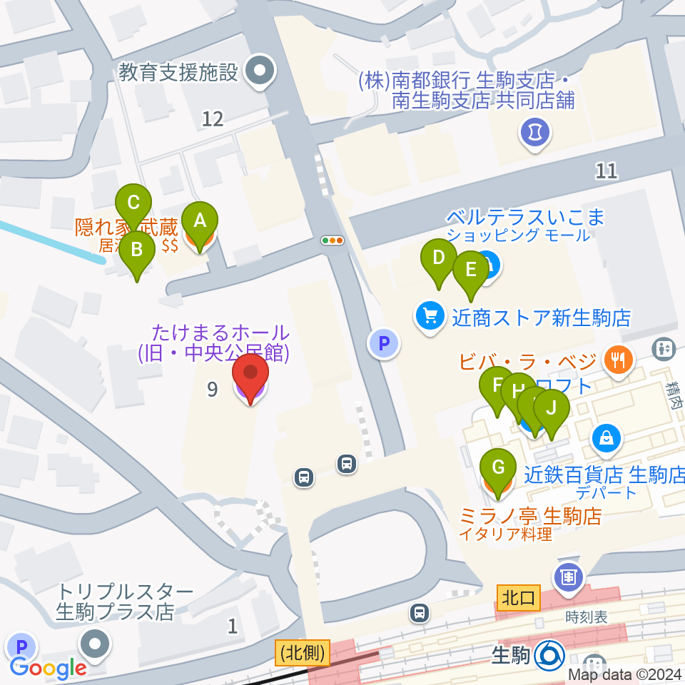 たけまるホール周辺のファミレス・ファーストフード一覧地図