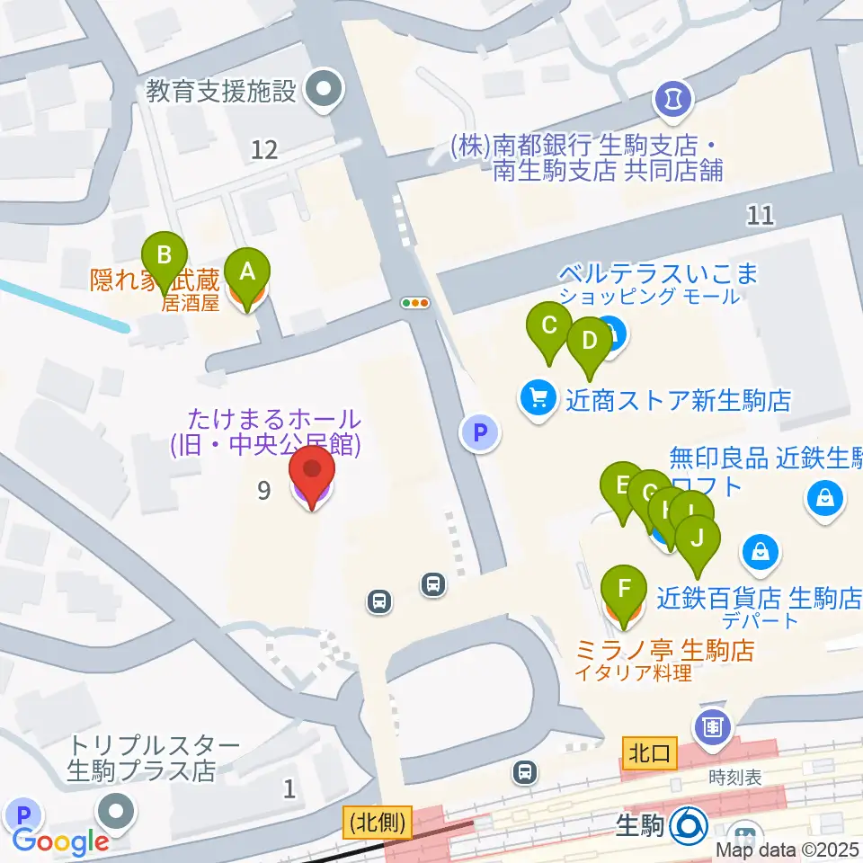 たけまるホール周辺のファミレス・ファーストフード一覧地図