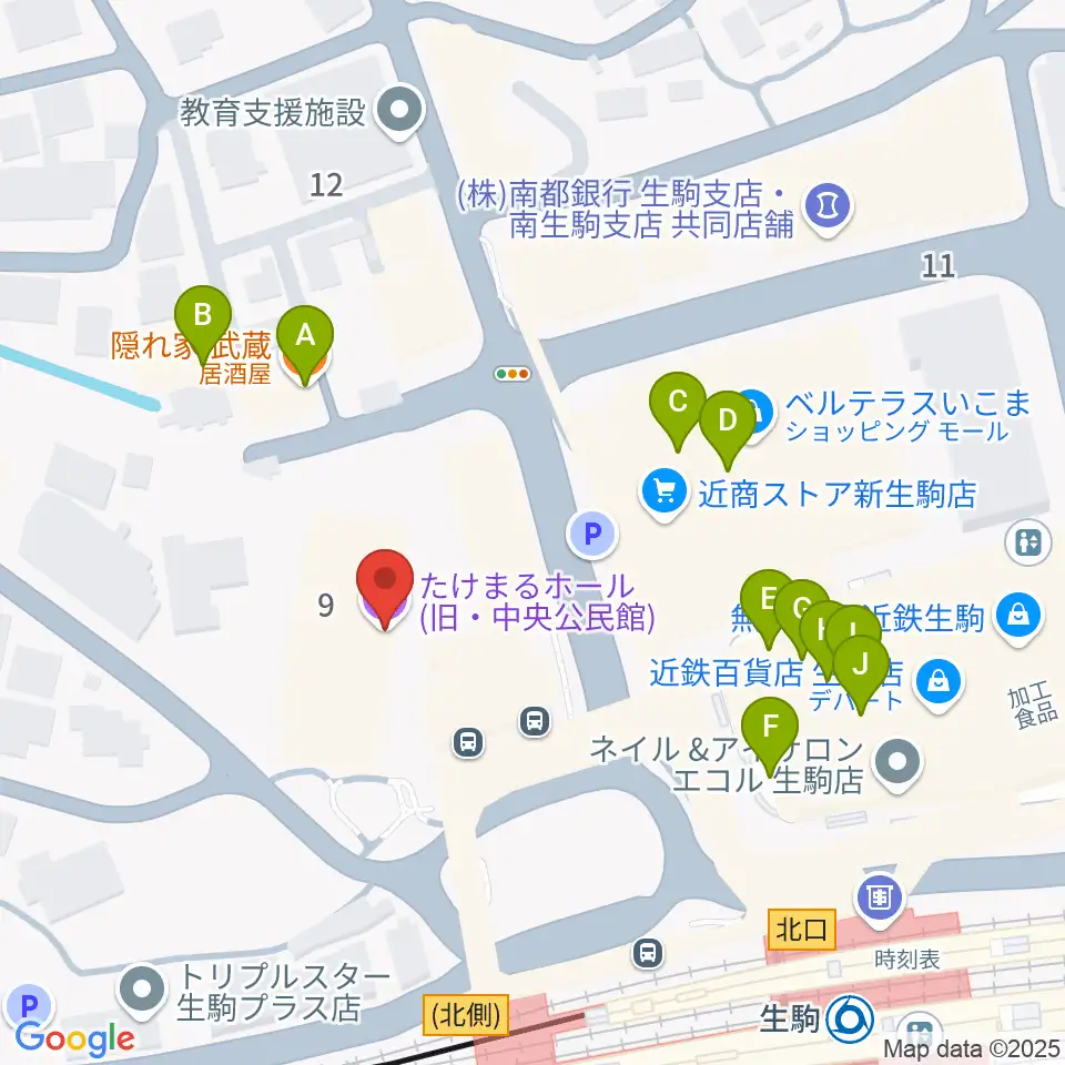 たけまるホール周辺のファミレス・ファーストフード一覧地図